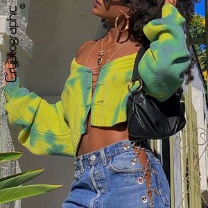 Maglioni da donna Cryptographic Autunno Ragazze Cardigan oversize verde Crop Top Maglione lavorato a maglia Carino manica lunga Spilli Tie Dye Cartigans 221018