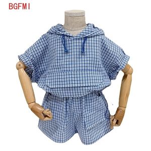 Cotton Linen Plaid 2pcs Suit Boys girl Sport Clothes Korean Summer Girls Hooded Casual Set Short Sleeve TopPant Kids Outfit 220509