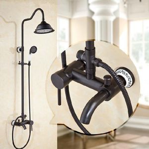 Bathroom Shower Sets Faucets Black Brass Wall Mounted Bathtub Faucet 8" Round Rain Head Hand Mixer Valve Rainfall SY-010R