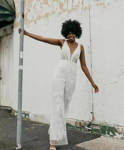 boho Jumpsuit Wedding Dress Lace Appliques Sleeveless Deep V Neck Bridal Gowns pant suit Backless Gorgeous Robe de mariee