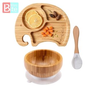 3pcs/set Baby Bamboo Placa de alimentação Placa de tigela Conjunto de elefante Anti -pires de pires de elefante para bebês Presente de aniversário de aniversário 220512