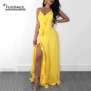 Fuedage Chiffon Summer Women Yellow Maxi Dress Sexig V Neck Backless Party Bodycon Dresses High Split Ruffles Long Dress Vestido MX200518