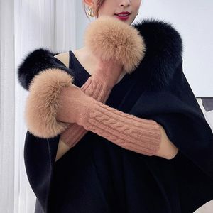 Five Fingers Gloves 2022 Winter Fashion Famous Celebrities Women Cuff Genuine Long Fur Real Wool Knitted Fingerless Female