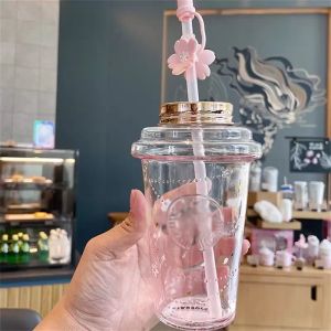 16oz Starbucks halmglas kaffemugg med lock Cherry Blossom Goddess Gradient Style Water Cup Separat lådförpackningsstöd för anpassad logotyp
