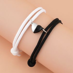 Fashion Black and White Heart Braided Rope Couple Bracelet Magnetic Attraction Shape Adjustable Bangle Friendship Jewelry