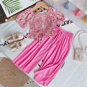 Sommer Mädchen Kleidung Sets Mode Chiffon Floral Top Breite Bein Hosen 2Pcs Anzüge Baby Kinder Outfits Anzug Kinder Kleidung 220509