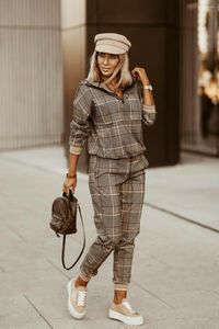 Pantaloni a due pezzi da donna Autunno Plaid stampato a quadretti Abito con cappuccio a maniche lunghe Abbigliamento donna 2022 Pullover estivo Matita elastica