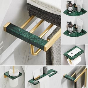 Badtillbeh￶r Set Malachite Green Marble Brass Handduk Rack/Bar/Ring Toalett Borste V￤vnadsh￥llare Radkrokar H￥rdvarutillbeh￶r borstade