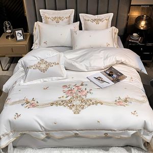 Bedding Sets Solid Color 600TC Egyptian Cotton Floral Embroidery Set Wedding Gifts Duvet Cover Bed Sheet Linen Pillowcases 4pcs/L