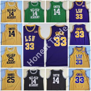 Will Smith 14 Gelbes Basketballtrikot Fresh Prince of Bel Air Academy 25 Carlton Banks LSU Tigers 33 Shaquille OShaq Neal Purple Green Herren-Trikots mit Nähten