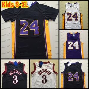 Basquete infantil Allen 3 Iverson Retorda Jersey Black N￣o. 24 Mangas curtas retro camisas de tamanho juvenil Todas