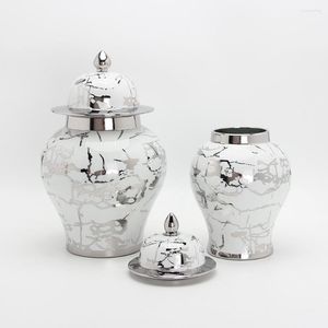 Dekorativa figurer Keramiska vas Silver General Jar Marmored Ginger Tabletop Lagringsburkar f￶r tek￤rna med lock Heminredning Porslin