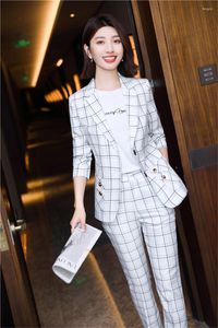 Women's Two Piece Pants High Quality Fabric Elegant Plaid Formal Women Business Suits OL Styles Office Work Wear Blazers Trousers Set Autumn