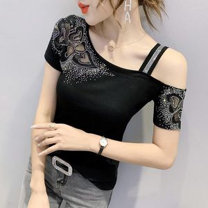 Women's T Shirts #9411 Summer Off Shoulder Shirt Women Hollow Out Shiny Diamonds Skew Collar Slim Cotton Short Sleeve T-shirt Black Red