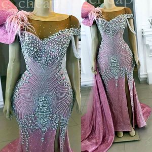 Arabic Aso Ebi Mermaid Rosa Abiti da ballo di ballo Cristalli di perline scintillanti Formale Formale Secondo Accogliente Ottimo di fidanzamento Abito ZJ4788 407