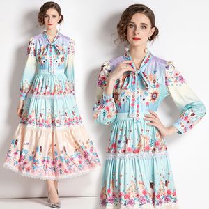 High-end Womens Bow Printed Dress 2023 Spring Autumn Dresses Retro Tempermant Lady Dresses Party Runway Dresses