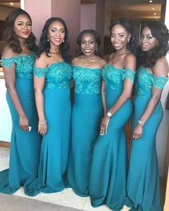 Turquoise groenblauw blauwe zeemeermin bruidsmeisje jurken off schouderkant applique Afrikaanse bruiloft gastmeisje jurken prom avondjurk