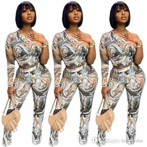 Womens two piece pants set fashion casual suit new one shoulder sexy printed pleated clothes