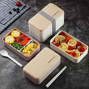 Двойной ланч коробки 1200 мл деревянного салата Bento Boxes Микроволновый портативный контейнер для рабочих Студент FY5624 B1018