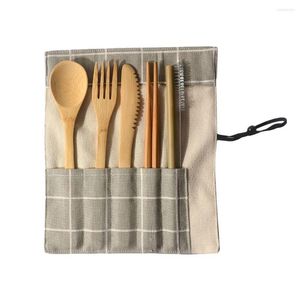 Servisuppsättningar bärbara bambu-bestick resor miljövänliga inkluderar återanvändbara campingredskap Bamb Fork Spoon Knife Flatware Set