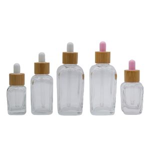 Empty Square Clear Glass Rubber Dropper Bottle Bamboo Wood Lid Black White Pink Top Portable Essential Oil Vials Cosmetic Refillable Container 20ml 30ml 50ml 100ml