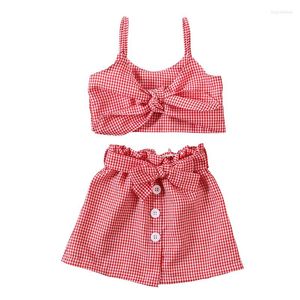 Set di abbigliamento 2022 Baby Summer 2PCS Toddler Kids Girl Plaid Vest Crop Top Sash Skirt Outfit Clothes