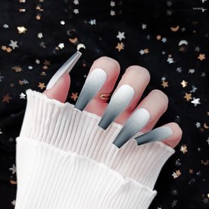 False Nails Super Long Fake Tips Premium Gray Gradient Coffin Artificial Plastic Frosted Press On The