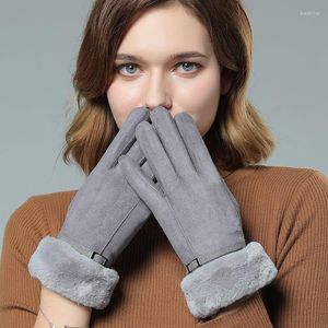5本の指の手袋暖かい女性の冬のスエード屋外ライディングタッチスクリーンが厚くて素敵