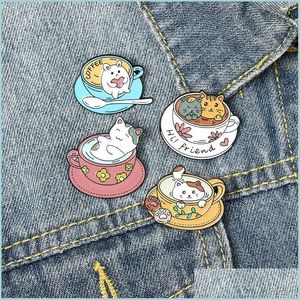 ピンブローチ20pcs/lotかわいい漫画コーヒーキャットブローチ合金エナメルカラーフラワーピンフレンドレディースメンズデザインブローチジュエルdhnjj