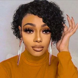 Curly Wigs Short Pixie Cut Human Hair For Women Black Remy brazilian 150% Density Glueless side bang none lace wig natural scalp