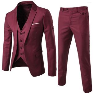 Mäns kostymer varumärke blazer 3 stycken vin röd elegant smal fit knappklänning kostym Vest Party Bröllop formell affär casual terno
