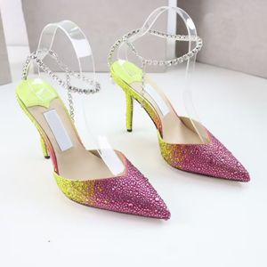 Women's High Heel Sandals Fashion Gradual Color Rhinestone Leather Pointed Designer Shoes Luxury Show Party Wedding Dress Shoes Storlek 35-42