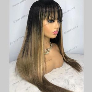 Silk Top Fringe Human Hair Wigs for Women Light Cool Brown Glueless Full Machine Made Straight Wigs Remy Ombre Dark Black Roots