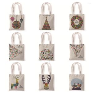 Aufbewahrungstaschen Frohe Weihnachten Frauen Canvas Tote Einkaufstasche Wiederverwendbarer Öko-Shopper Baum Schulter Buch Mode Geschenk