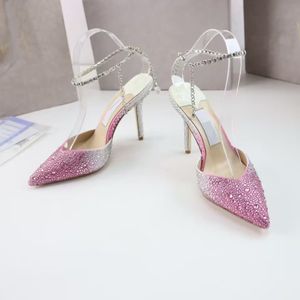 Luxury Crystal Women's High Heel Sandals Fashion Gradual Color Rhinestone Leather Pointed Designer Shoes Show Party Wedding Dress Shoes Storlek 35-42