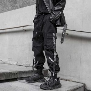 HOUZHOU 黒カーゴパンツ男性ジョガーカーゴパンツ男性ジョギング日本のストリートヒップホップヒッピー Techwear ゴシックリボン 211022