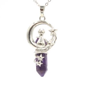 Crystal Hexagram Star Moon Cat Pillar Charms Pendants Natural Stone Amethyst Rose Quartz Pointed Reiki Chakra Dangle Beads Jewelry BH020