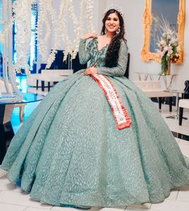 Sage Green Quinceanera платья бусинки с блестками с длинным рукавом для бального платья сладкое 16 выпускное платье вечеринка. Вечерние платья.