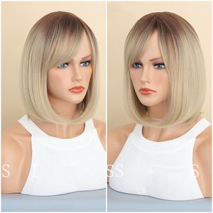 Synthetic Highlight Hair Wigs Straight Natural Colored Short Bobs Wigs With Bangs For Women Daily Use