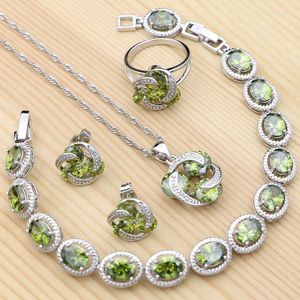 Necklace Earrings Set 925 Sterling Silver Vintage Jewelry For Women Olive Green Cubic Zirconia Ring Bracelet Pendant Stud Kit