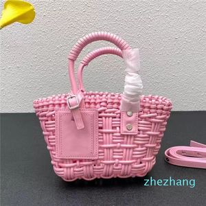 Crochet Beach Bags Bistro Crossbody Bags Hollow Out Women Handbag Purse Genuine Leather Letter Helix Handle Detachable Belt Strap High
