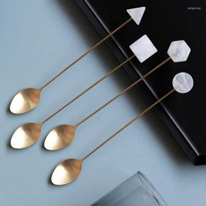 Dinnerware Sets Stainless Steel Long Handle Spoon INS Coffee Tea Stirring Household Gold-Plated Acrylic Geometric Shape Sell