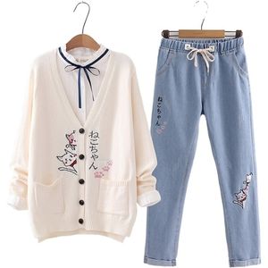 Women Sets Cartoon Cat Embroidery Knitted Cardigan And Elastic Waist Denim Pants Pocket Jeans Solid Blouse Piece Set Clothes
