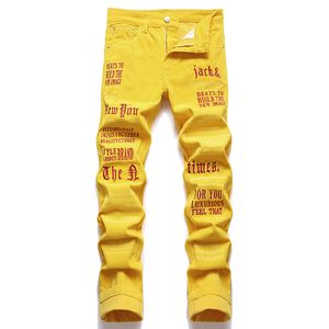 Corduroy Letter Bordado Jeans Autumn Inverno Slim Amarelo Estrelamento Homem Cal￧as Casuais