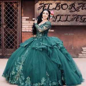Dark Green Quinceanera Dresses Appliqued Long Sleeve Ball Gown Sweet 16 Prom Dress Lace-up Back Party Wear Pageant Evening Gowns