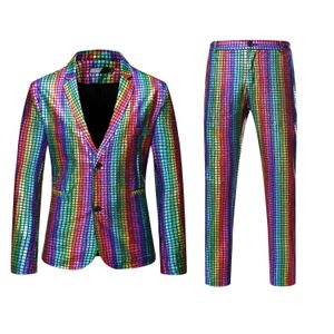 Herrdräkt Rainbow Stage Wear Plaid Stamping Stage Nightclub Cool Show Shiny Suits Inch Shirt Dance Pants Two Pieces Eur Size