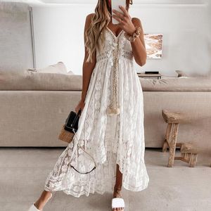 Sukienki swobodne sukienki boho sukienka Summer Maxi dama z ramiona wakacyjna koronka v szyja spaghetti pasek sundress biały vestidos de mujer