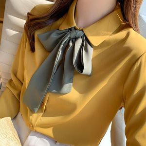 Kvinnors blusar skjortor Kvinnor Lossa Chiffon Office Lady Bow Women's Long Sleeve Tops White Yellow Elegant Button Up Blusas Femininas 2291