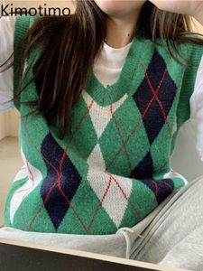 女性のセーターKimotimo Argyle Palid編みベスト女性秋のvneckの衣装のノースリーブベスト韓国シックレトロルーズ全体の競争セーターJ220915