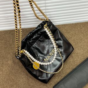 22K Dam Pärlkedja Mini Shopping 22 Väskor Klassisk C Quiltat Äkta Läder Guld Metall Matelass Kedja Crossbody axel Stor kapacitet Handväska Resväska 28X20X7CM